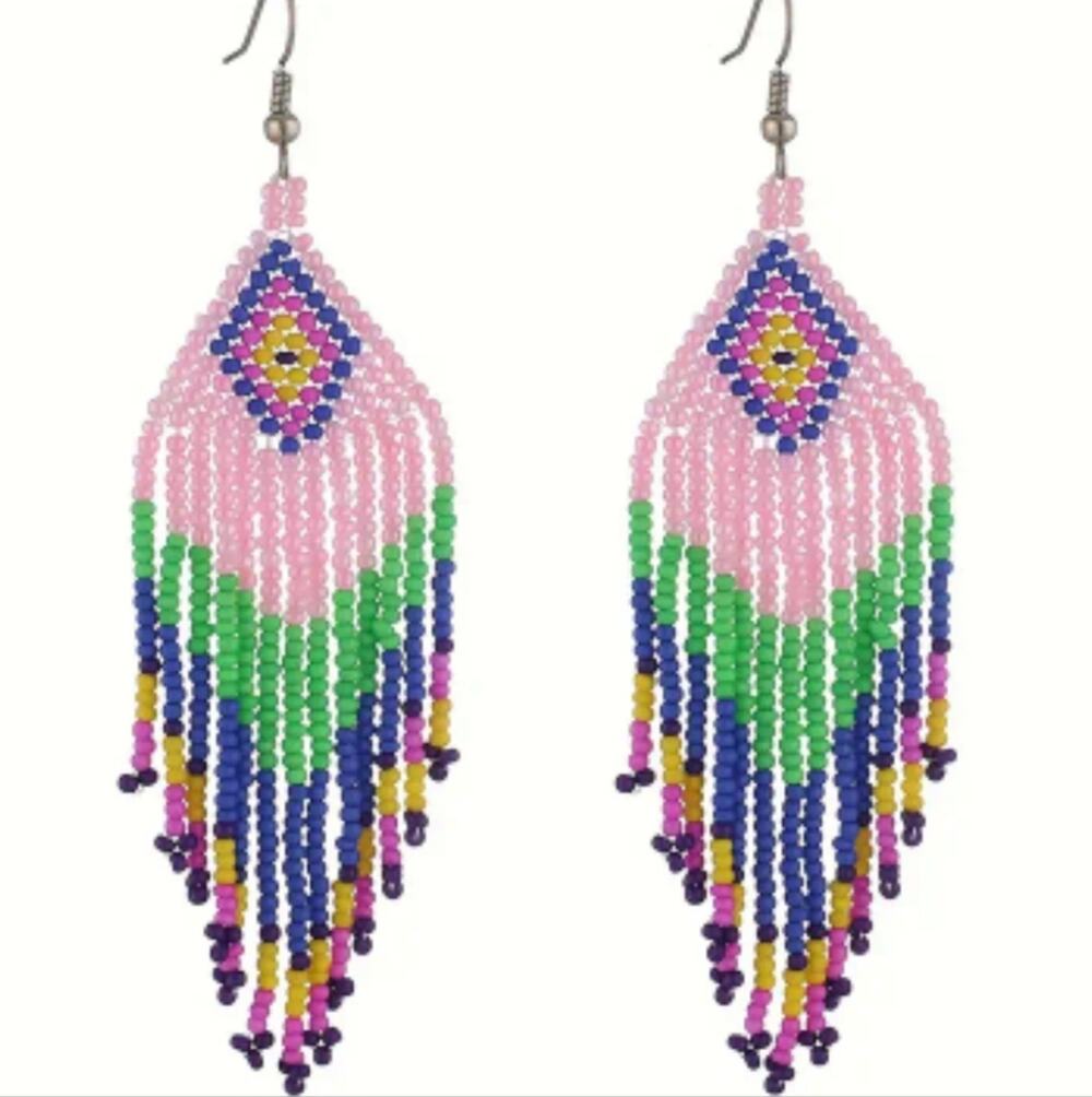 Boho pink green blue & yellow beaded tassel earrings